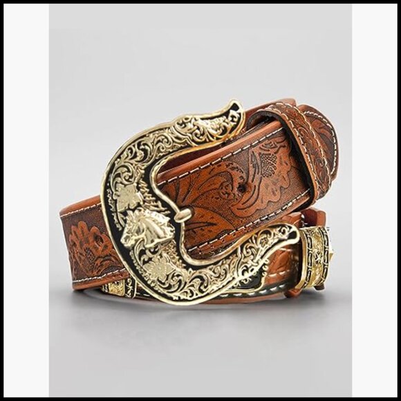 Western Leather Belt with Horse Head Buckle for Women and Men